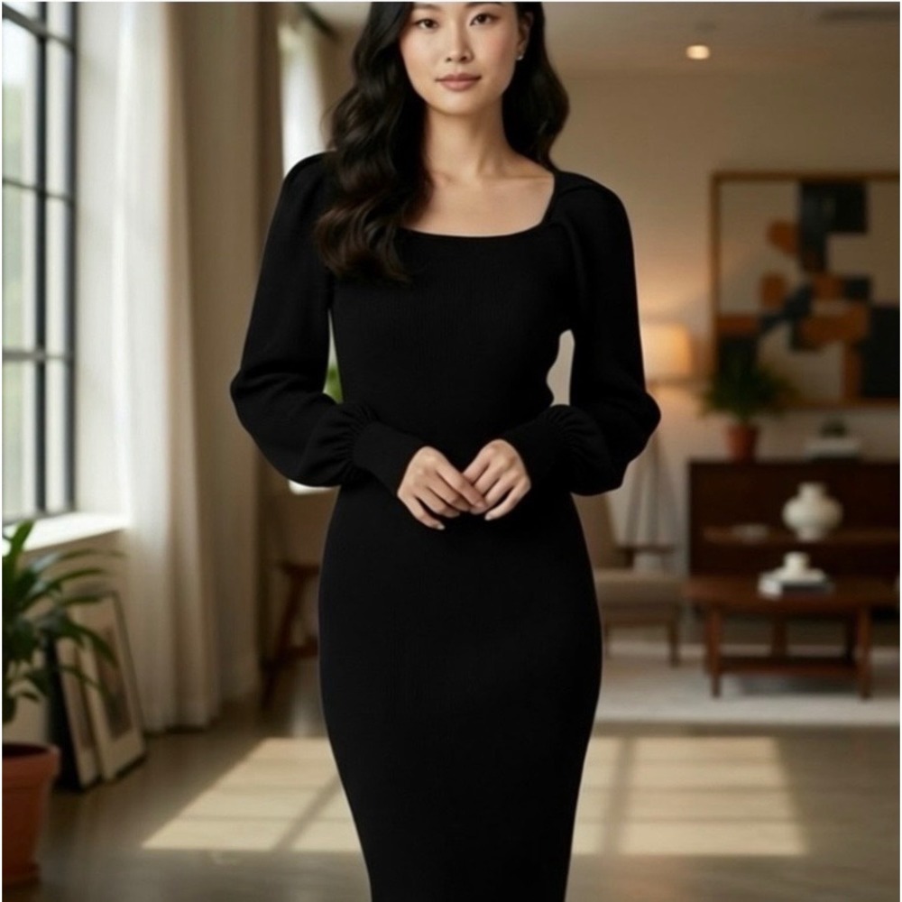 NWT Tahari Black Ribbed Knit Midi Dress Puff Sleeve Scoop Neck - Picture 2 of 6